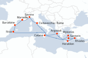 carte itinéraire croisière Sicile 14 jours au départ du port de Marseille