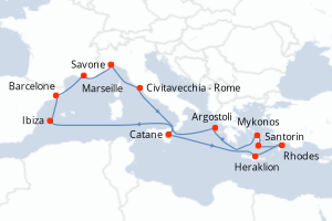 carte itinéraire croisière Sicile 14 jours au départ du port de Savone