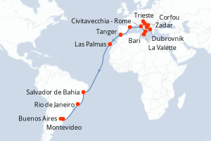carte itinéraire croisière Transatlantique 26 jours au départ du port de Trieste