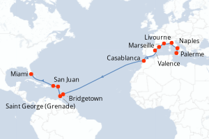 carte itinéraire croisière Transatlantique 23 jours au départ du port de Palerme