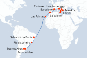 carte itinéraire croisière Amérique du Sud 23 jours au départ du port de Bari