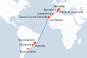 carte itinéraire croisière Transatlantique 20 jours au départ du port de Buenos Aires