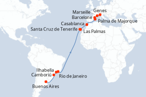 carte itinéraire croisière Transatlantique 21 jours au départ du port de Buenos Aires