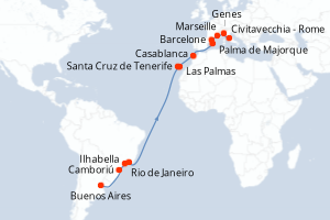 Carte de l'itinéraire de croisière Buenos Aires-Civitavecchia - Rome d'une durée de 22 jours