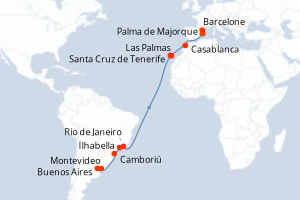 carte itinéraire croisière Transatlantique 20 jours au départ du port de Montevideo