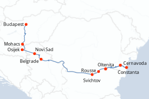 Carte de l'itinéraire de croisière Oltenita-Budapest d'une durée de 8 jours