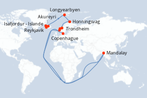carte itinéraire croisière Fjörds norvégiens 13 jours au départ du port de Reykjavik