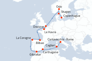 carte itinéraire croisière Europe du Nord 14 jours au départ du port de Civitavecchia - Rome