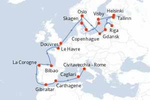 carte itinéraire croisière Europe du Nord 26 jours au départ du port de Civitavecchia - Rome