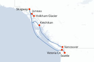 Carte de l'itinéraire de croisière Vancouver-Seattle d'une durée de 7 jours