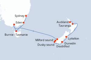 Carte itinéraire croisière Australie, Nouvelle-Zélande - 11 jours au départ de Sydney - Australie Nouvelle Zélande