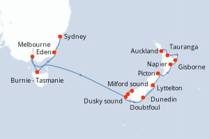 Carte itinéraire croisière Australie, Nouvelle-Zélande - 14 jours au départ de Sydney - Australie Nouvelle Zélande