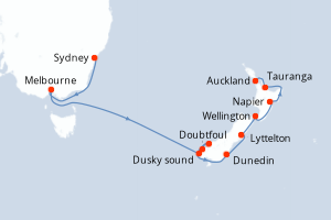 Carte de l'itinéraire de croisière Sydney-Auckland d'une durée de 11 jours