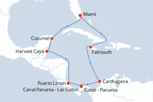 Carte de l'itinéraire de croisière Miami-Miami d'une durée de 11 jours