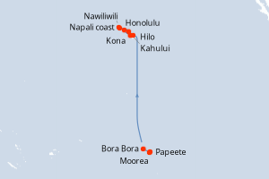 Carte de l'itinéraire de croisière Papeete-Honolulu d'une durée de 13 jours