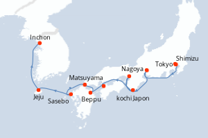 carte itinéraire croisière Asie 10 jours au départ du port de Tokyo