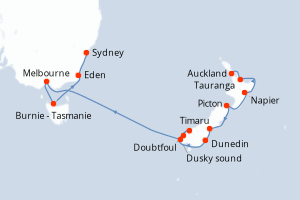 Carte de l'itinéraire de croisière Auckland-Sydney d'une durée de 13 jours