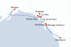 Carte de l'itinéraire de croisière Vancouver-Whittier d'une durée de 7 jours