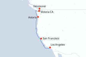 Carte de l'itinéraire de croisière Vancouver-Los Angeles d'une durée de 6 jours