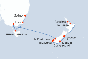 Carte itinéraire croisière Australie, Nouvelle-Zélande - 11 jours au départ de Sydney - Australie Nouvelle Zélande