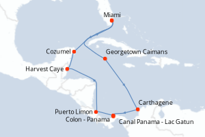 Carte de l'itinéraire de croisière Miami-Miami d'une durée de 11 jours