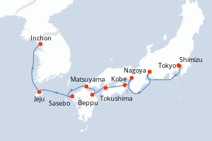 Carte de l'itinéraire de croisière Tokyo-Inchon d'une durée de 10 jours