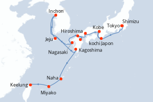 carte itinéraire croisière Asie 15 jours au départ du port de Tokyo