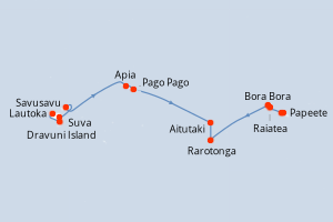Carte de l'itinéraire de croisière Lautoka-Papeete d'une durée de 14 jours