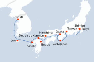 Carte de l'itinéraire de croisière Inchon-Tokyo d'une durée de 10 jours