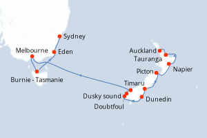 Carte de l'itinéraire de croisière Auckland-Sydney d'une durée de 13 jours
