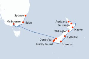 carte itinéraire croisière Australie Nouvelle Zélande 12 jours au départ du port de Auckland
