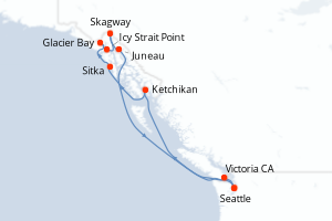 Carte de l'itinéraire de croisière Seattle-Seattle d'une durée de 9 jours