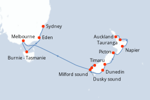 Carte de l'itinéraire de croisière Auckland-Sydney d'une durée de 13 jours