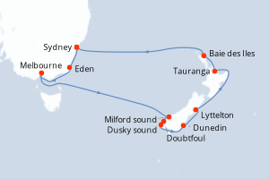 Carte itinéraire croisière Australie, Nouvelle-Zélande - 14 jours au départ de Sydney - Australie Nouvelle Zélande