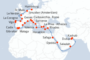carte itinéraire croisière Europe du Nord 42 jours au départ du port de Dubai
