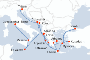 carte itinéraire croisière Sicile 21 jours au départ du port de Civitavecchia - Rome