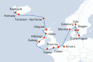 carte itinéraire croisière Europe du Nord 21 jours au départ du port de Copenhague