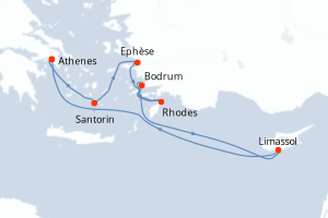 Carte de l'itinéraire de croisière Le Piree - Athenes-Le Piree - Athenes d'une durée de 7 jours