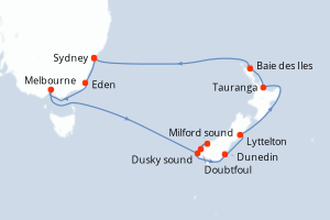 Carte itinéraire croisière Australie, Nouvelle-Zélande - 14 jours au départ de Sydney - Australie Nouvelle Zélande