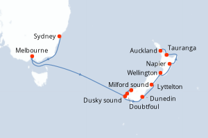 Carte de l'itinéraire de croisière Sydney-Auckland d'une durée de 11 jours
