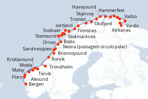 Carte itinéraire croisière Norvège - 17 jours au départ de Bergen - Europe du Nord