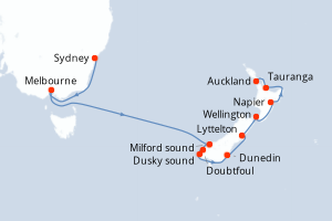 Carte de l'itinéraire de croisière Sydney-Auckland d'une durée de 11 jours