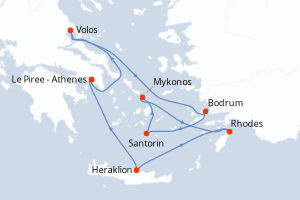 Carte de l'itinéraire de croisière Le Piree - Athenes-Le Piree - Athenes d'une durée de 7 jours