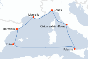 Carte de l'itinéraire de croisière Barcelone-Barcelone d'une durée de 7 jours