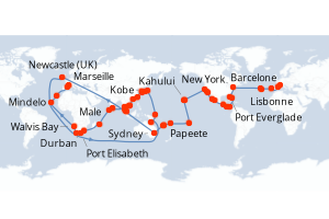 carte itinéraire croisière Tour du Monde 136 jours au départ du port de Marseille