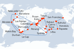 carte itinéraire croisière Transatlantique 97 jours au départ du port de San Francisco