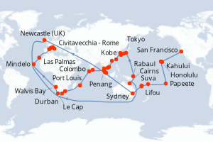 carte itinéraire croisière Transatlantique 100 jours au départ du port de San Francisco