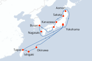 carte itinéraire croisière Asie 19 jours au départ du port de Yokohama