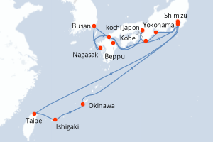 carte itinéraire croisière Asie 19 jours au départ du port de Yokohama