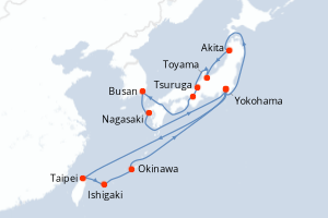 Carte de l'itinéraire de croisière Yokohama-Yokohama d'une durée de 18 jours